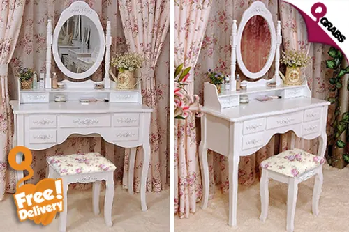 For QR499, Get Ready with an Antique Style White Dressing Table & Cushioned Stool - Includes FREE Delivery! (QR995 Value)